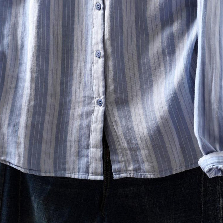 Camicia da donna in cotone a maniche lunghe con colletto rialzato e righe verticali autunnali Buddha Stones - image 8