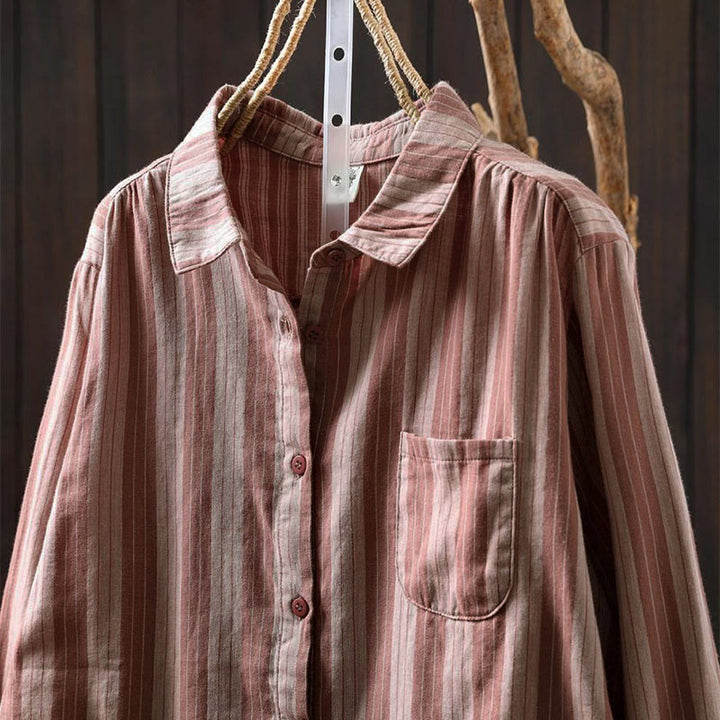Camicia da donna in cotone a maniche lunghe con colletto rialzato e righe verticali autunnali Buddha Stones - image 15