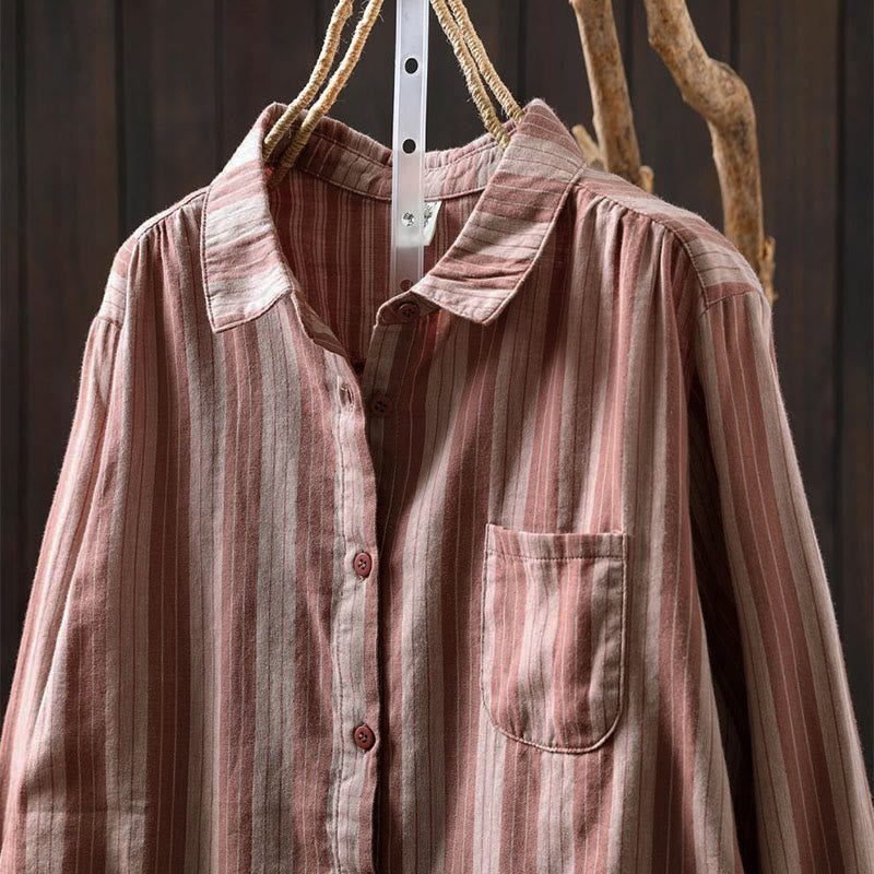 Camicia da donna in cotone a maniche lunghe con colletto rialzato e righe verticali autunnali Buddha Stones - image 15