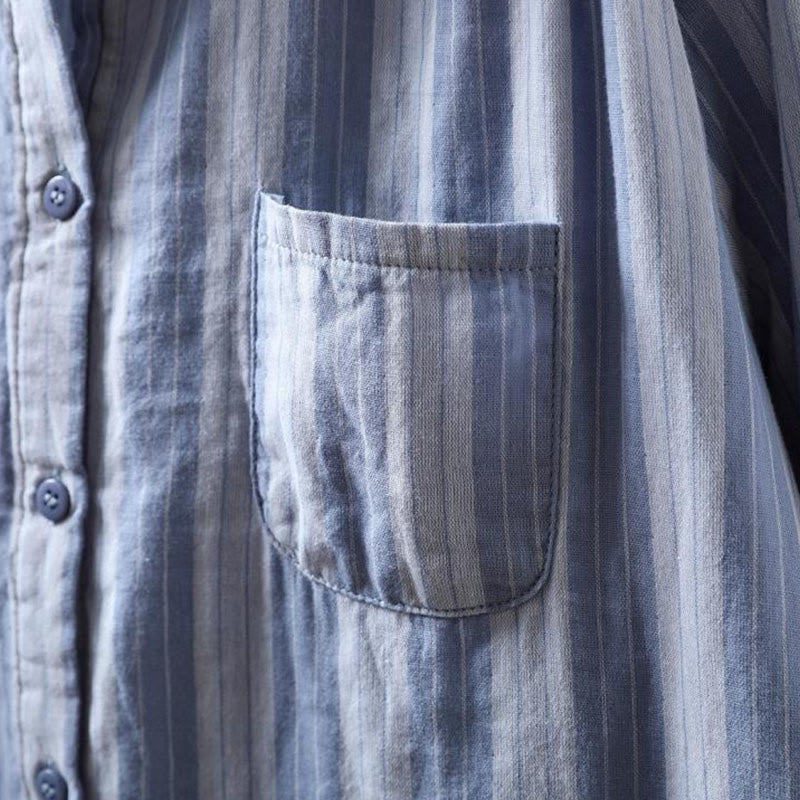 Camicia da donna in cotone a maniche lunghe con colletto rialzato e righe verticali autunnali Buddha Stones - image 6