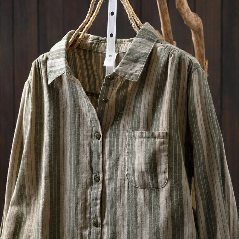 Camicia da donna in cotone a maniche lunghe con colletto rialzato e righe verticali autunnali Buddha Stones - image 26