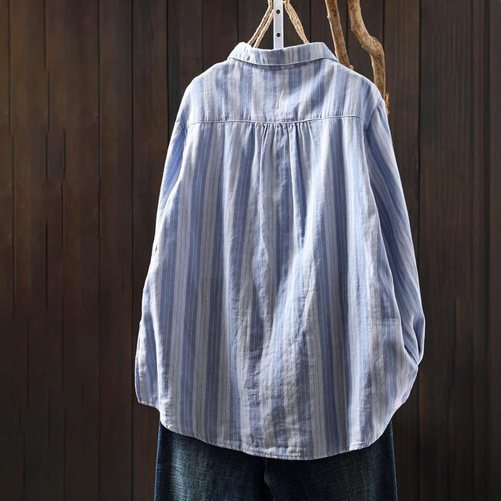 Camicia da donna in cotone a maniche lunghe con colletto rialzato e righe verticali autunnali Buddha Stones - image 1