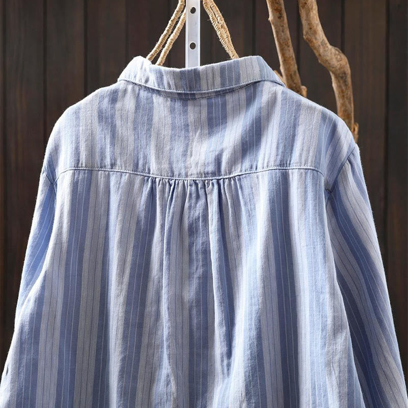 Camicia da donna in cotone a maniche lunghe con colletto rialzato e righe verticali autunnali Buddha Stones - image 4