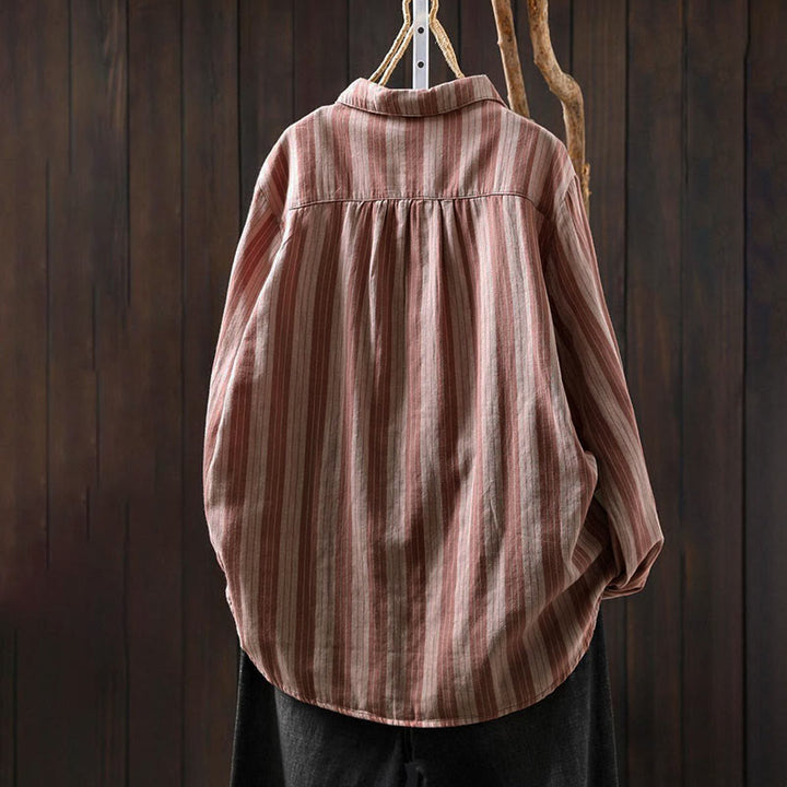 Camicia da donna in cotone a maniche lunghe con colletto rialzato e righe verticali autunnali Buddha Stones - image 14