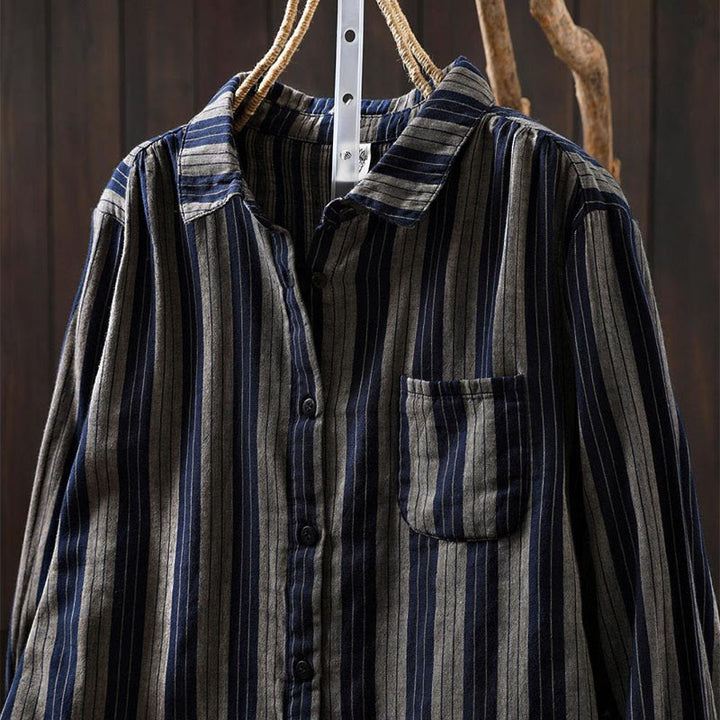 Camicia da donna in cotone a maniche lunghe con colletto rialzato e righe verticali autunnali Buddha Stones - image 28
