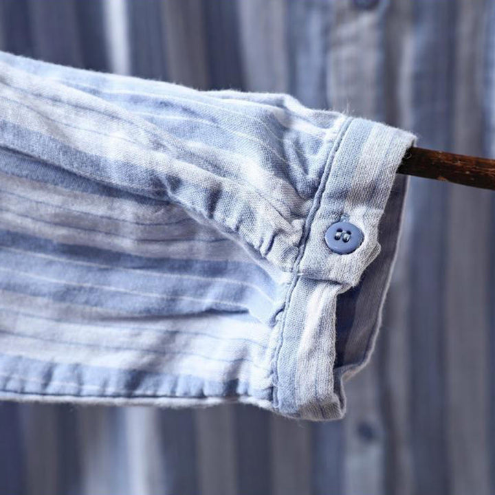 Camicia da donna in cotone a maniche lunghe con colletto rialzato e righe verticali autunnali Buddha Stones - image 9