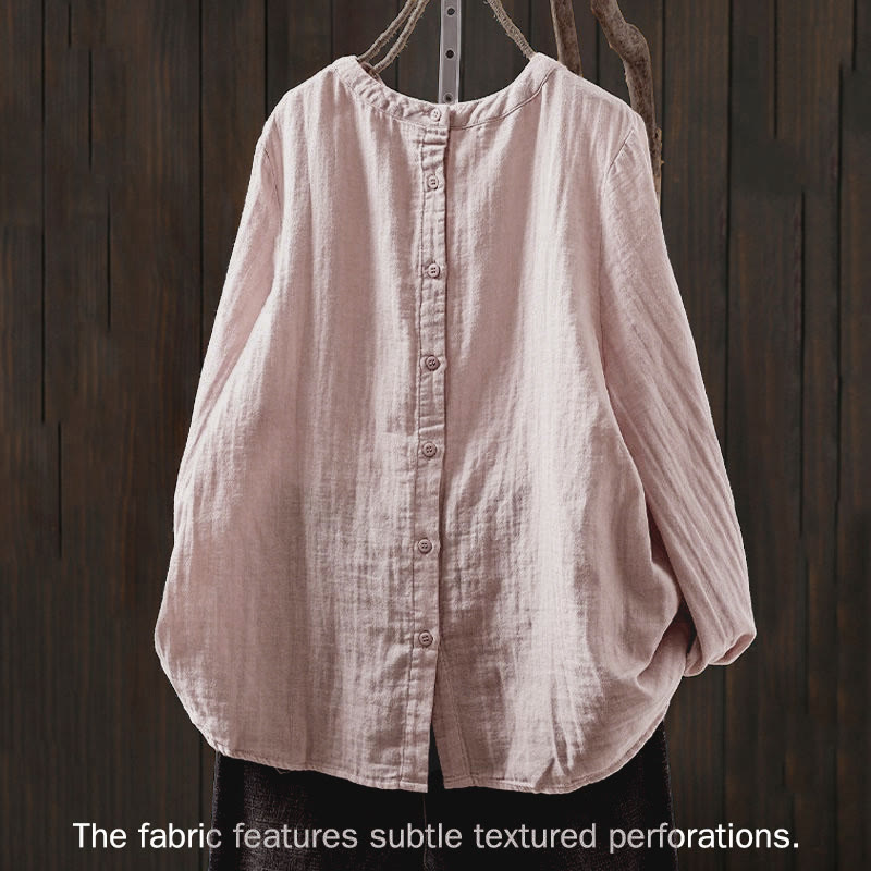 Camicia da donna in cotone a maniche lunghe con scollo rotondo e bottoni sul retro, motivo Buddha Stones Fall - image 1