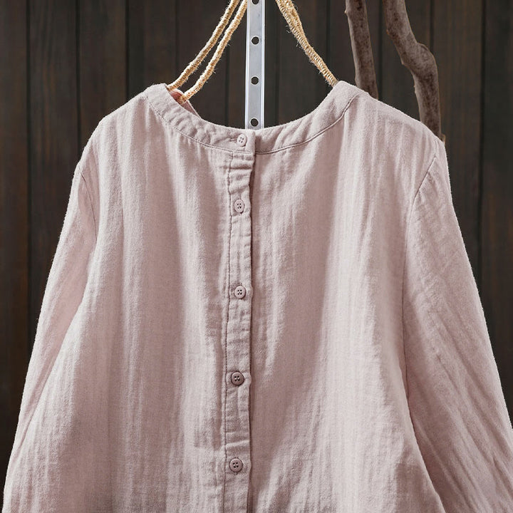 Camicia da donna in cotone a maniche lunghe con scollo rotondo e bottoni sul retro, motivo Buddha Stones Fall - image 5