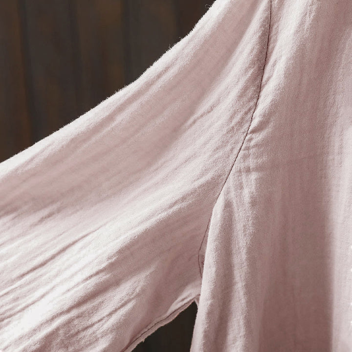 Camicia da donna in cotone a maniche lunghe con scollo rotondo e bottoni sul retro, motivo Buddha Stones Fall - image 6