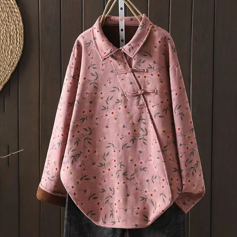 Camicia da donna in cotone a maniche lunghe con colletto rialzato, bottoni a rana, Buddha Stones, fiori invernali, foglie verdi - Rosa chiaro - US4-8/10， UK/AU8-12/14，EU36-40/42 (F) - image 3