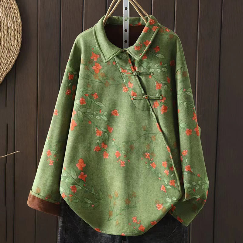 Camicia da donna in cotone a maniche lunghe con colletto rialzato, bottoni a rana, Buddha Stones, fiori invernali, foglie verdi - Verde chiaro - US4-8/10， UK/AU8-12/14，EU36-40/42 (F) - image 8