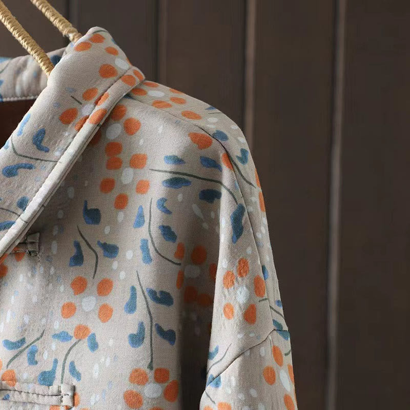 Camicia da donna in cotone a maniche lunghe con colletto rialzato, bottoni a rana, Buddha Stones, fiori invernali, foglie verdi - image 16