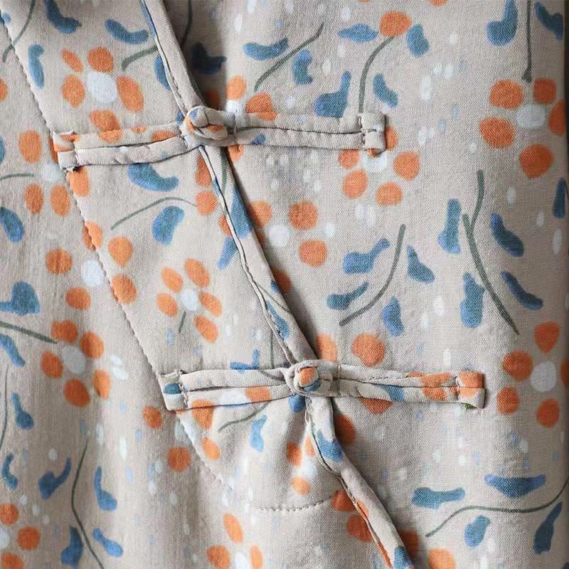 Camicia da donna in cotone a maniche lunghe con colletto rialzato, bottoni a rana, Buddha Stones, fiori invernali, foglie verdi - image 17