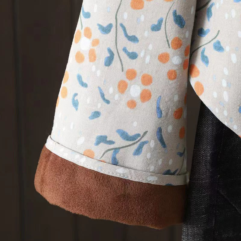 Camicia da donna in cotone a maniche lunghe con colletto rialzato, bottoni a rana, Buddha Stones, fiori invernali, foglie verdi - image 18