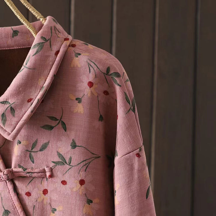 Camicia da donna in cotone a maniche lunghe con colletto rialzato, bottoni a rana, Buddha Stones, fiori invernali, foglie verdi - image 6