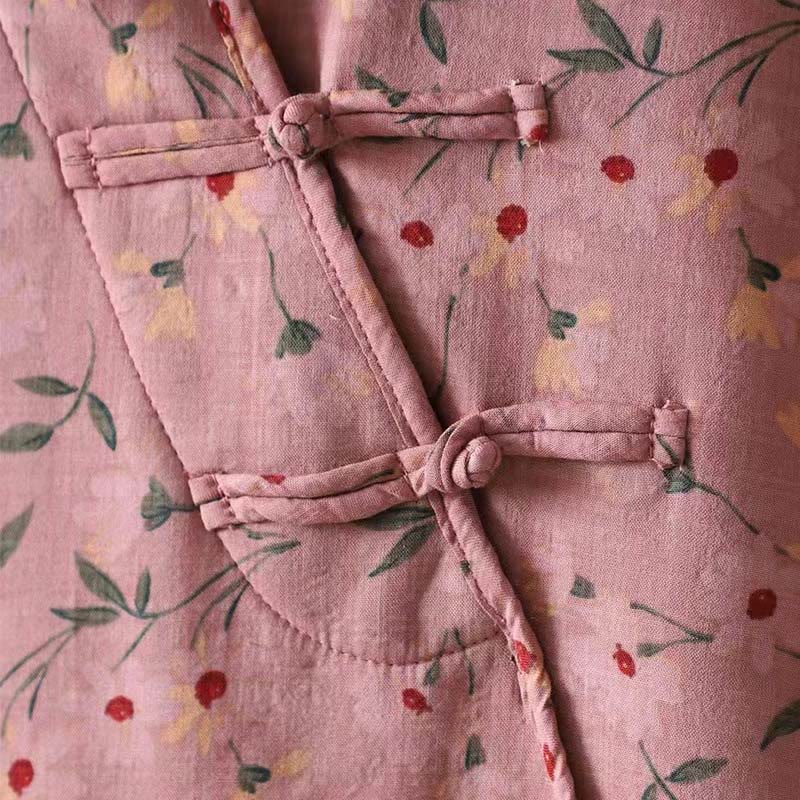 Camicia da donna in cotone a maniche lunghe con colletto rialzato, bottoni a rana, Buddha Stones, fiori invernali, foglie verdi - image 7