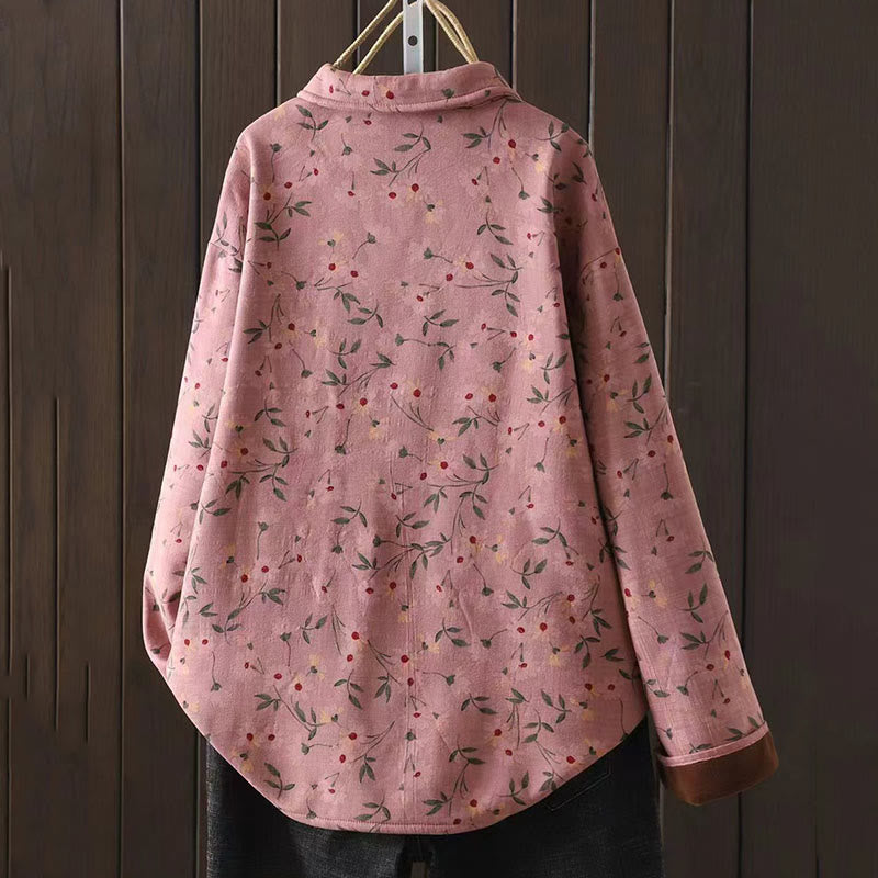 Camicia da donna in cotone a maniche lunghe con colletto rialzato, bottoni a rana, Buddha Stones, fiori invernali, foglie verdi - image 4