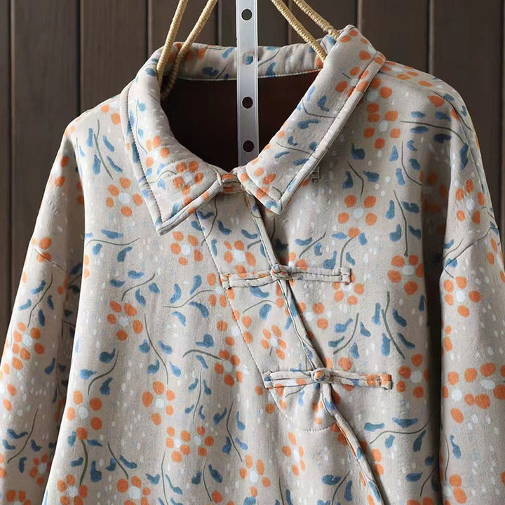 Camicia da donna in cotone a maniche lunghe con colletto rialzato, bottoni a rana, Buddha Stones, fiori invernali, foglie verdi - image 14