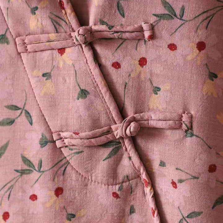 Camicia da donna in cotone a maniche lunghe con colletto rialzato, bottoni a rana, Buddha Stones, fiori invernali, foglie verdi - image 7