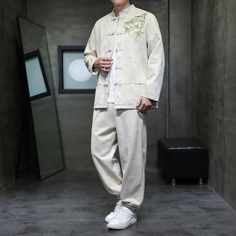 Set di 2 pezzi Buddha Stones Spring Dragon Bamboo Clouds da uomo Tang Suit Frog-Bottone in cotone Giacca a maniche lunghe Pantaloni con tasche - Biancheria - US/UK/AU46, EU56 (5XL) - image 0