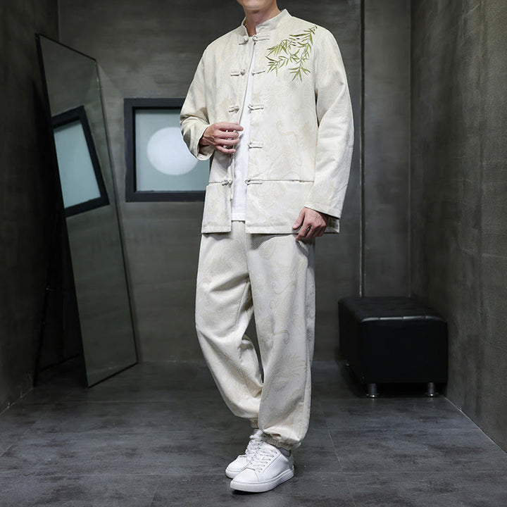 Set di 2 pezzi Buddha Stones Spring Dragon Bamboo Clouds da uomo Tang Suit Frog-Bottone in cotone Giacca a maniche lunghe Pantaloni con tasche - Biancheria - US/UK/AU46, EU56 (5XL) - image 0