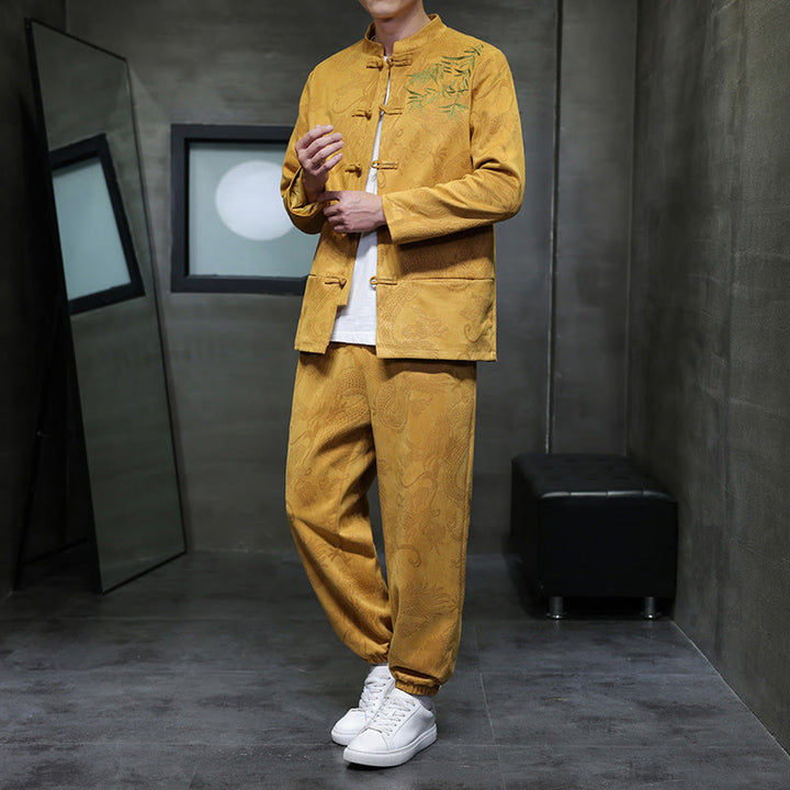 Set di 2 pezzi Buddha Stones Spring Dragon Bamboo Clouds da uomo Tang Suit Frog-Bottone in cotone Giacca a maniche lunghe Pantaloni con tasche - Oro - US/UK/AU46, EU56 (5XL) - image 8