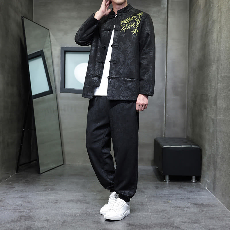 Set di 2 pezzi Buddha Stones Spring Dragon Bamboo Clouds da uomo Tang Suit Frog-Bottone in cotone Giacca a maniche lunghe Pantaloni con tasche - Nero - US/UK/AU46, EU56 (5XL) - image 21