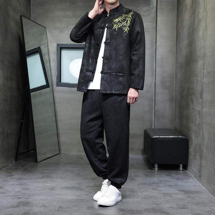 Set di 2 pezzi Buddha Stones Spring Dragon Bamboo Clouds da uomo Tang Suit Frog-Bottone in cotone Giacca a maniche lunghe Pantaloni con tasche - Nero - US/UK/AU46, EU56 (5XL) - image 21