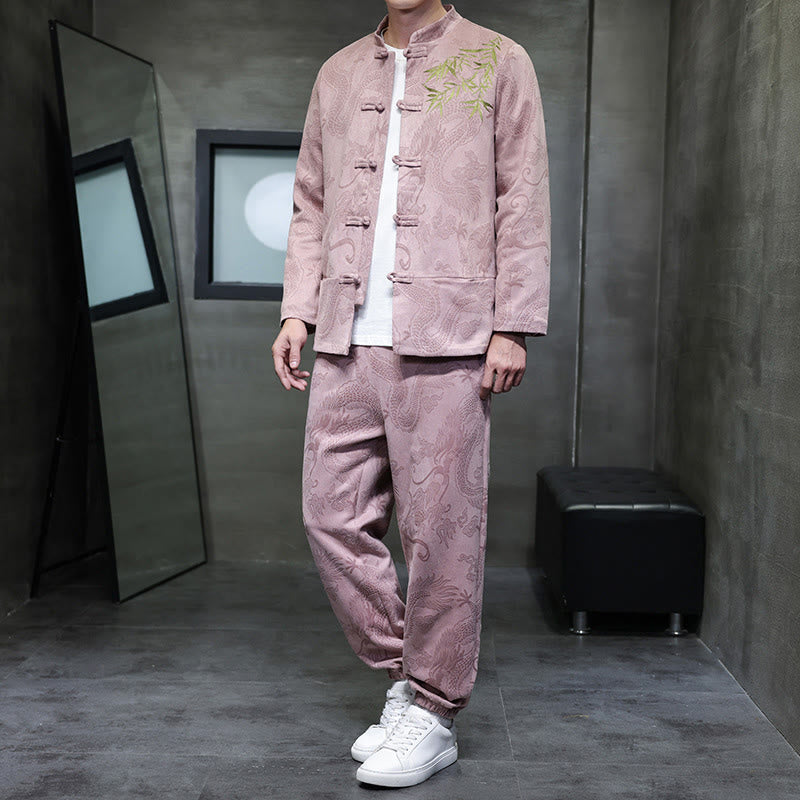 Set di 2 pezzi Buddha Stones Spring Dragon Bamboo Clouds da uomo Tang Suit Frog-Bottone in cotone Giacca a maniche lunghe Pantaloni con tasche - MistyRose - US/UK/AU46, EU56 (5XL) - image 30