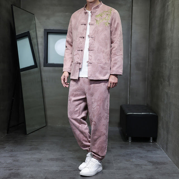 Set di 2 pezzi Buddha Stones Spring Dragon Bamboo Clouds da uomo Tang Suit Frog-Bottone in cotone Giacca a maniche lunghe Pantaloni con tasche - MistyRose - US/UK/AU46, EU56 (5XL) - image 30