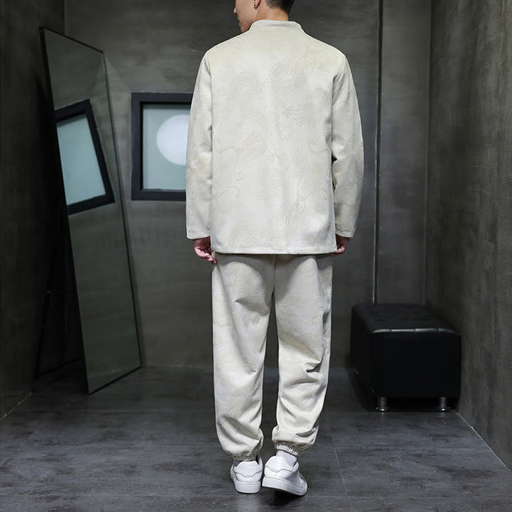 Set di 2 pezzi Buddha Stones Spring Dragon Bamboo Clouds da uomo Tang Suit Frog-Bottone in cotone Giacca a maniche lunghe Pantaloni con tasche - image 3