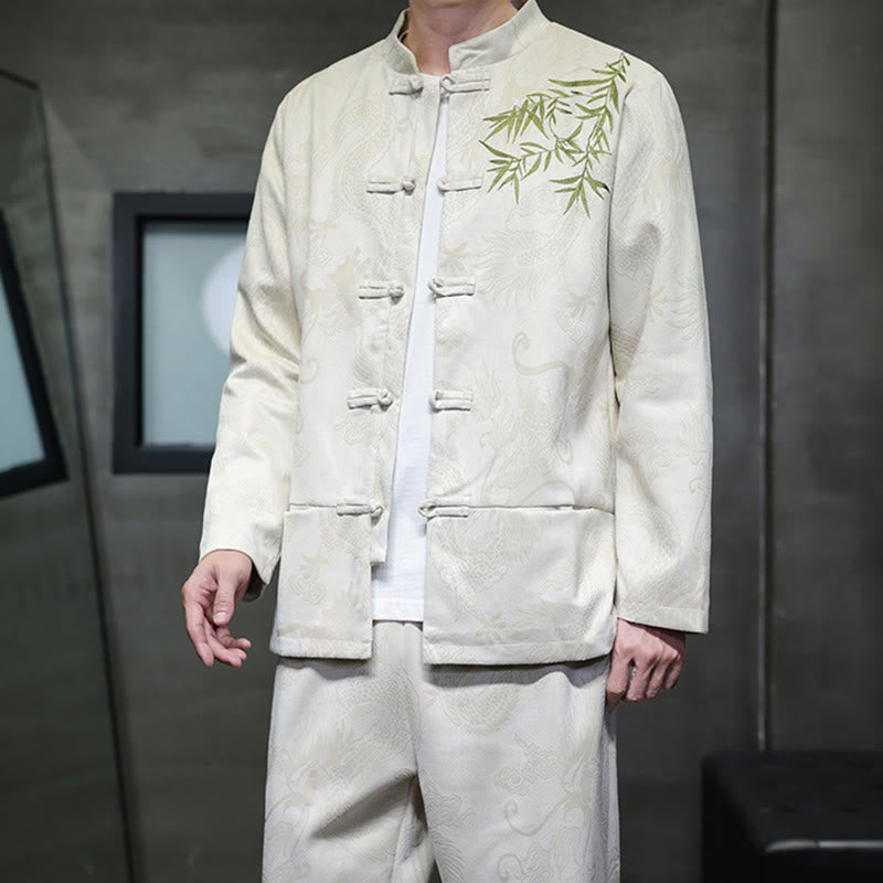 Set di 2 pezzi Buddha Stones Spring Dragon Bamboo Clouds da uomo Tang Suit Frog-Bottone in cotone Giacca a maniche lunghe Pantaloni con tasche - image 6