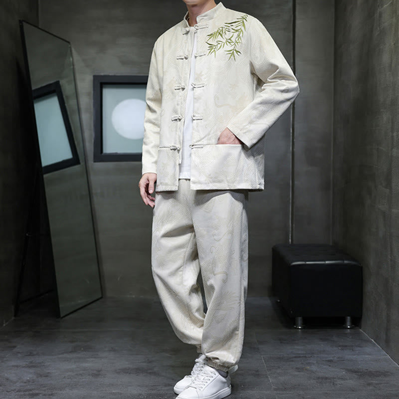 Set di 2 pezzi Buddha Stones Spring Dragon Bamboo Clouds da uomo Tang Suit Frog-Bottone in cotone Giacca a maniche lunghe Pantaloni con tasche - image 4