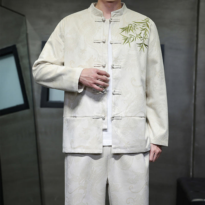 Set di 2 pezzi Buddha Stones Spring Dragon Bamboo Clouds da uomo Tang Suit Frog-Bottone in cotone Giacca a maniche lunghe Pantaloni con tasche - image 7