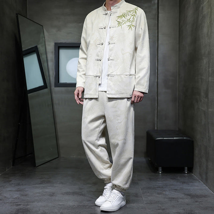 Set di 2 pezzi Buddha Stones Spring Dragon Bamboo Clouds da uomo Tang Suit Frog-Bottone in cotone Giacca a maniche lunghe Pantaloni con tasche - image 5