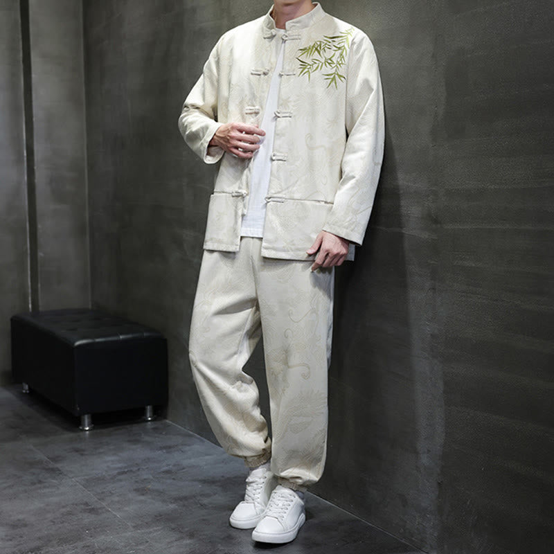 Set di 2 pezzi Buddha Stones Spring Dragon Bamboo Clouds da uomo Tang Suit Frog-Bottone in cotone Giacca a maniche lunghe Pantaloni con tasche - image 2