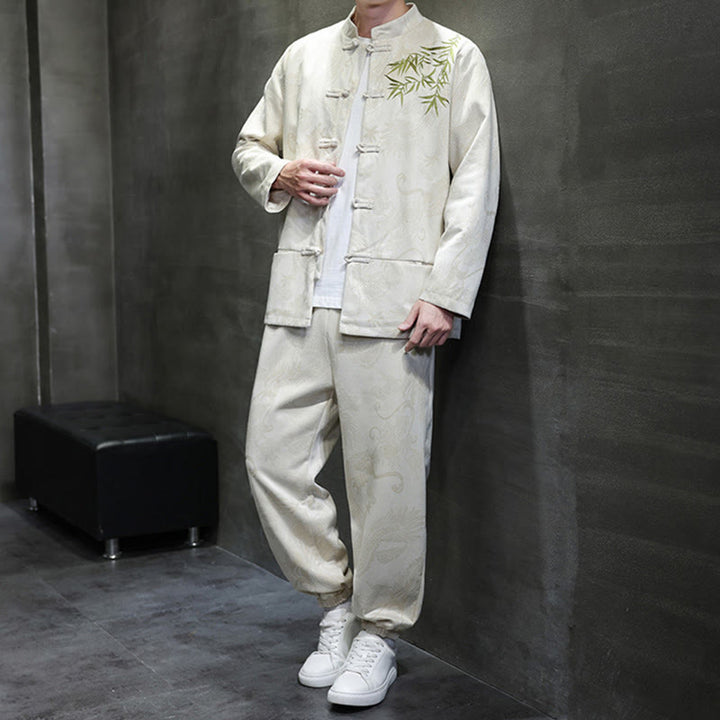 Set di 2 pezzi Buddha Stones Spring Dragon Bamboo Clouds da uomo Tang Suit Frog-Bottone in cotone Giacca a maniche lunghe Pantaloni con tasche - image 2