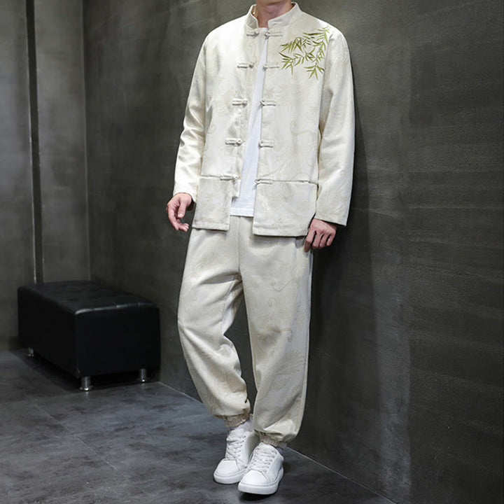 Set di 2 pezzi Buddha Stones Spring Dragon Bamboo Clouds da uomo Tang Suit Frog-Bottone in cotone Giacca a maniche lunghe Pantaloni con tasche - image 1