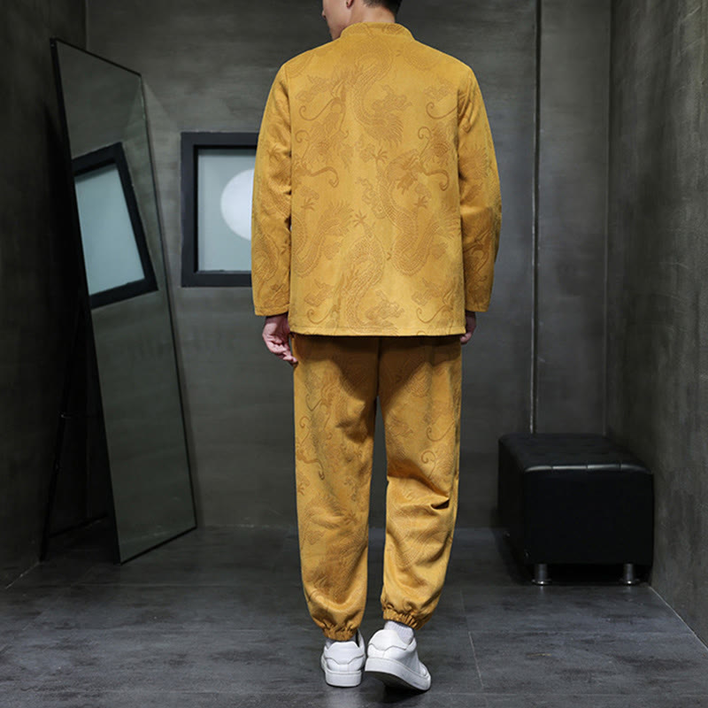 Set di 2 pezzi Buddha Stones Spring Dragon Bamboo Clouds da uomo Tang Suit Frog-Bottone in cotone Giacca a maniche lunghe Pantaloni con tasche - image 11