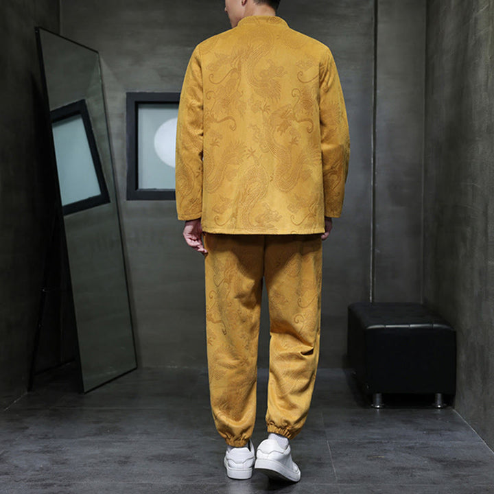 Set di 2 pezzi Buddha Stones Spring Dragon Bamboo Clouds da uomo Tang Suit Frog-Bottone in cotone Giacca a maniche lunghe Pantaloni con tasche - image 11