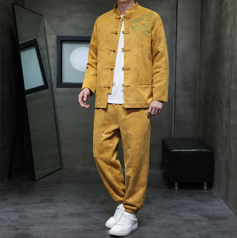 Set di 2 pezzi Buddha Stones Spring Dragon Bamboo Clouds da uomo Tang Suit Frog-Bottone in cotone Giacca a maniche lunghe Pantaloni con tasche - image 9