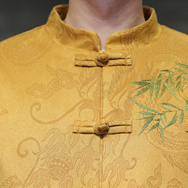 Set di 2 pezzi Buddha Stones Spring Dragon Bamboo Clouds da uomo Tang Suit Frog-Bottone in cotone Giacca a maniche lunghe Pantaloni con tasche - image 18