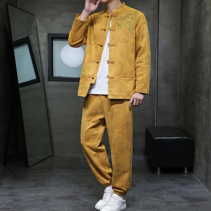 Set di 2 pezzi Buddha Stones Spring Dragon Bamboo Clouds da uomo Tang Suit Frog-Bottone in cotone Giacca a maniche lunghe Pantaloni con tasche - image 14