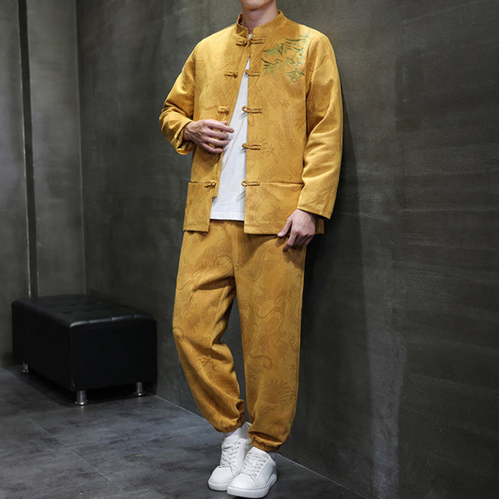 Set di 2 pezzi Buddha Stones Spring Dragon Bamboo Clouds da uomo Tang Suit Frog-Bottone in cotone Giacca a maniche lunghe Pantaloni con tasche - image 13