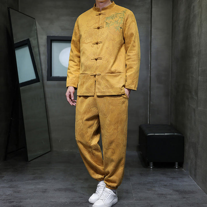 Set di 2 pezzi Buddha Stones Spring Dragon Bamboo Clouds da uomo Tang Suit Frog-Bottone in cotone Giacca a maniche lunghe Pantaloni con tasche - image 10