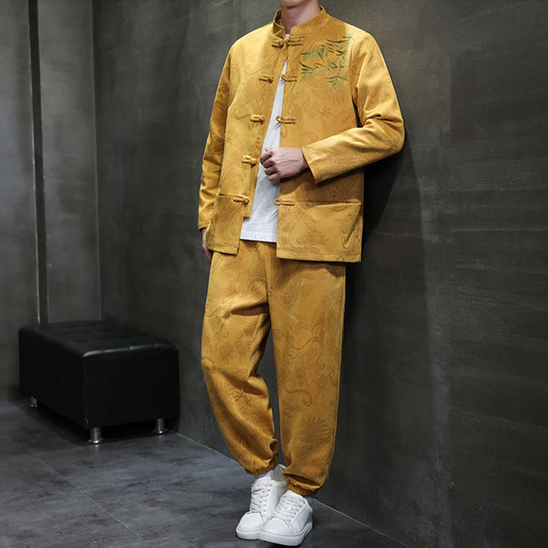 Set di 2 pezzi Buddha Stones Spring Dragon Bamboo Clouds da uomo Tang Suit Frog-Bottone in cotone Giacca a maniche lunghe Pantaloni con tasche - image 12