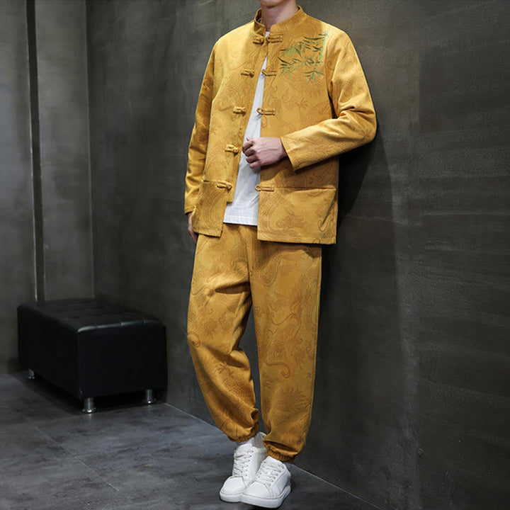 Set di 2 pezzi Buddha Stones Spring Dragon Bamboo Clouds da uomo Tang Suit Frog-Bottone in cotone Giacca a maniche lunghe Pantaloni con tasche - image 12