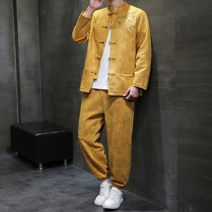 Set di 2 pezzi Buddha Stones Spring Dragon Bamboo Clouds da uomo Tang Suit Frog-Bottone in cotone Giacca a maniche lunghe Pantaloni con tasche - image 16