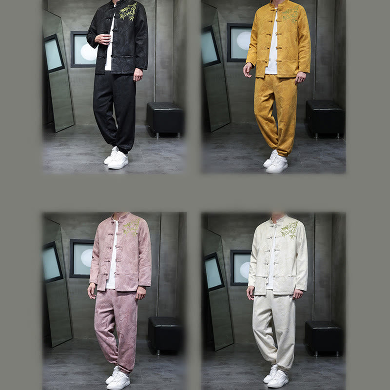 Set di 2 pezzi Buddha Stones Spring Dragon Bamboo Clouds da uomo Tang Suit Frog-Bottone in cotone Giacca a maniche lunghe Pantaloni con tasche - image 39