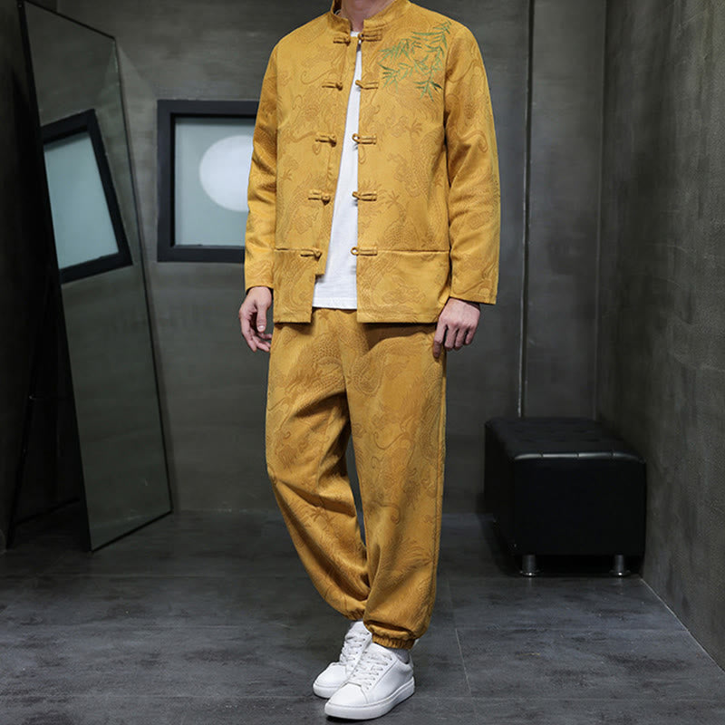 Set di 2 pezzi Buddha Stones Spring Dragon Bamboo Clouds da uomo Tang Suit Frog-Bottone in cotone Giacca a maniche lunghe Pantaloni con tasche - image 15